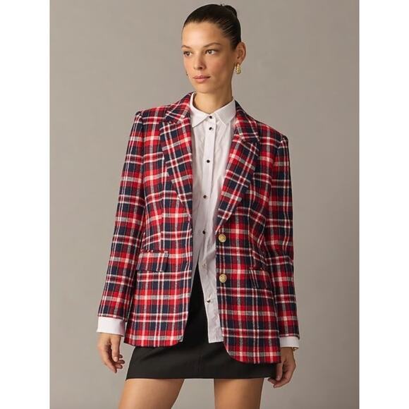 NEW J.Crew Collection Blazer Jacket Italian Plaid Holiday Preppy Red Navy US 2 - Picture 1 of 14